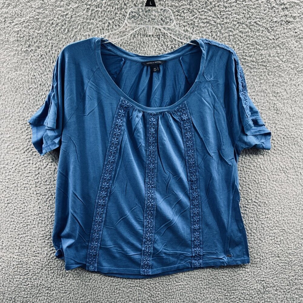 Tommy Hilfiger Womens Top Large‎ Blue Embellished Pullover Short Sleeve Shirt